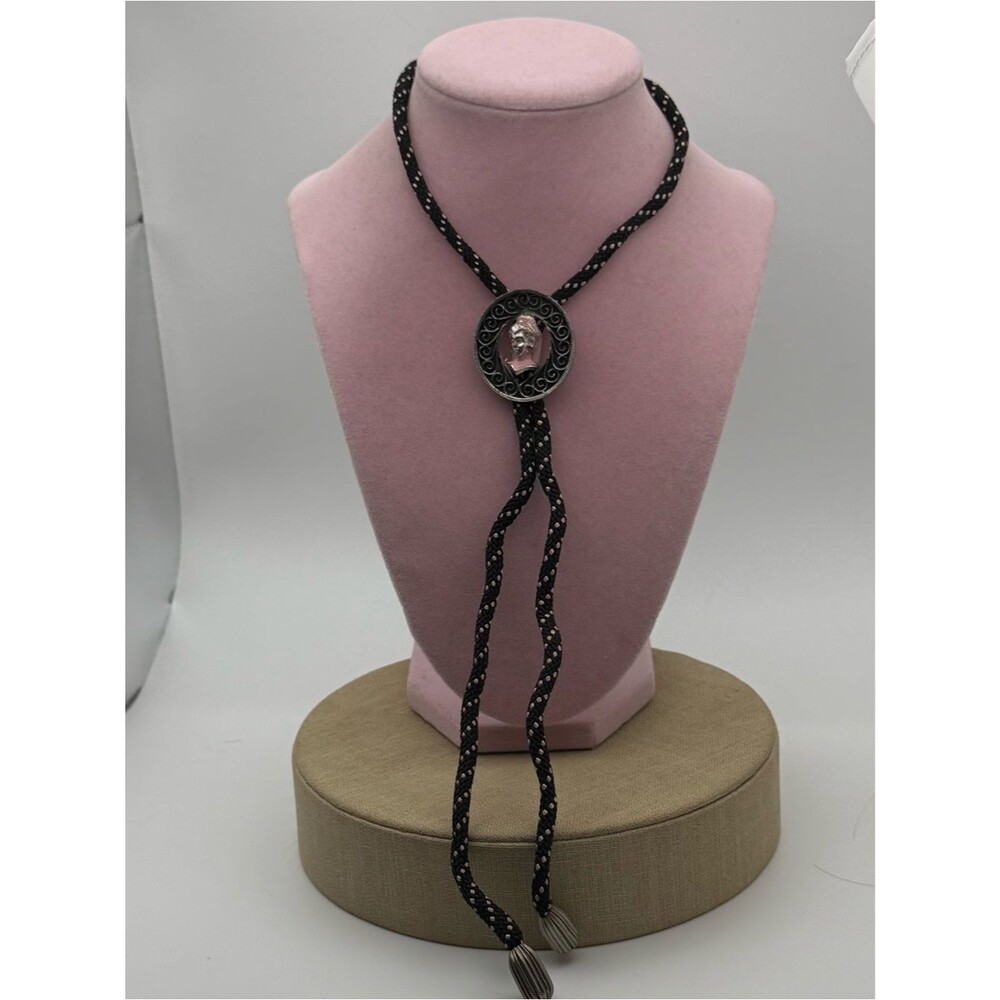 Black and Silver Bolo Tie Necklace with Medallion